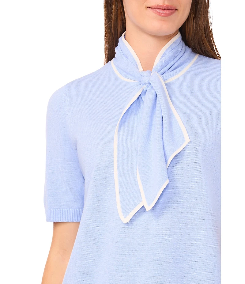 Cece Knit Tie Neck Short Sleeve Sweater