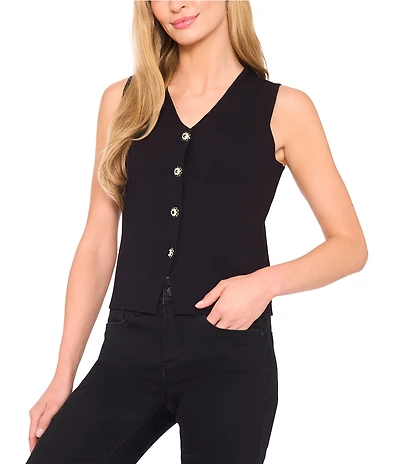 Cece Knit V-Neck Jewel Button Front Vest