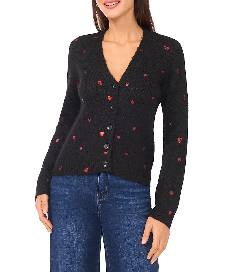 CeCe Knit V-Neck Long Sleeve Heart Embroidered Cardigan