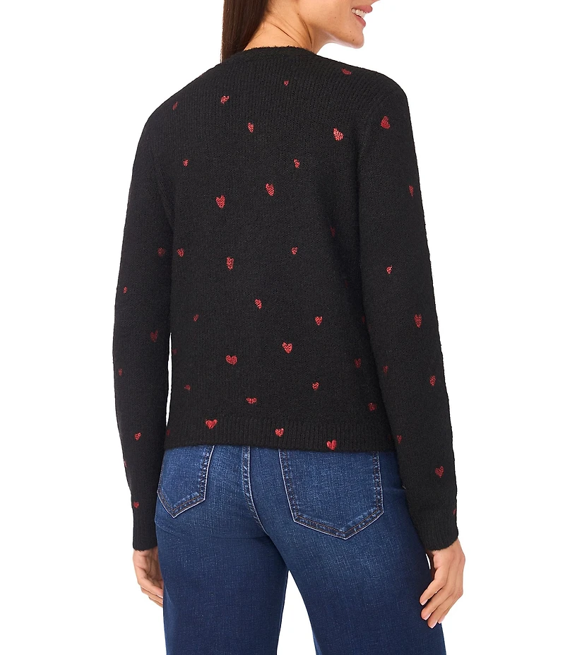 CeCe Knit V-Neck Long Sleeve Heart Embroidered Cardigan