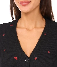 CeCe Knit V-Neck Long Sleeve Heart Embroidered Cardigan