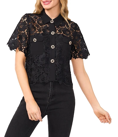CeCe Lace Collared Short Sleeve Patch Pocket Button Front Top