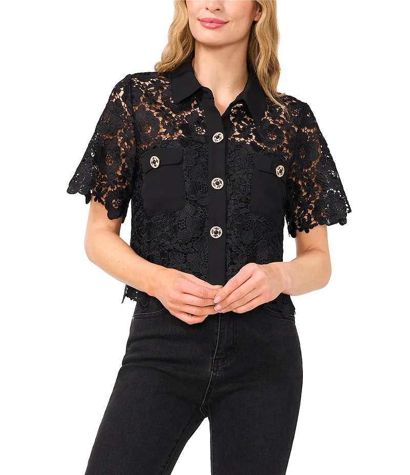 CeCe Lace Collared Short Sleeve Patch Pocket Button Front Top