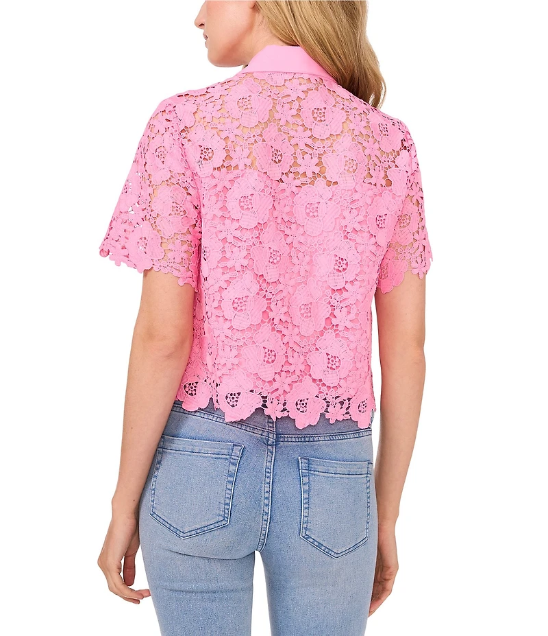 CeCe Lace Collared Short Sleeve Patch Pocket Button Front Top
