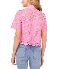 CeCe Lace Collared Short Sleeve Patch Pocket Button Front Top
