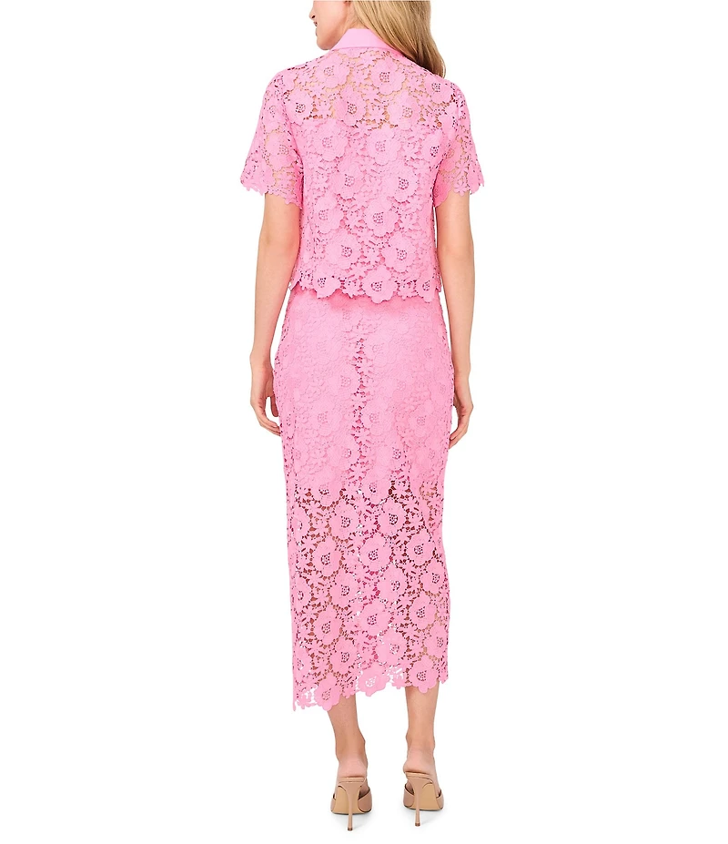 CeCe Lace Collared Short Sleeve Patch Pocket Button Front Top