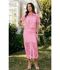 CeCe Lace Collared Short Sleeve Patch Pocket Button Front Top