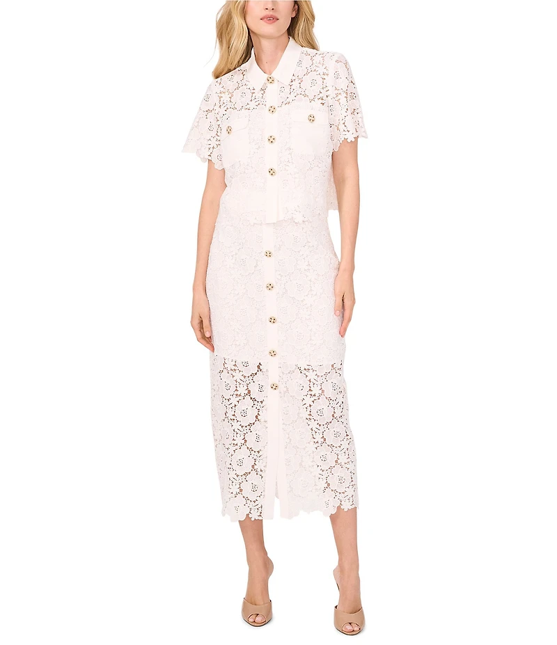 CeCe Lace Collared Short Sleeve Patch Pocket Button Front Top