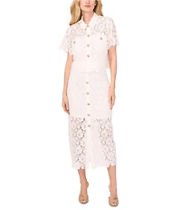 CeCe Lace Collared Short Sleeve Patch Pocket Button Front Top