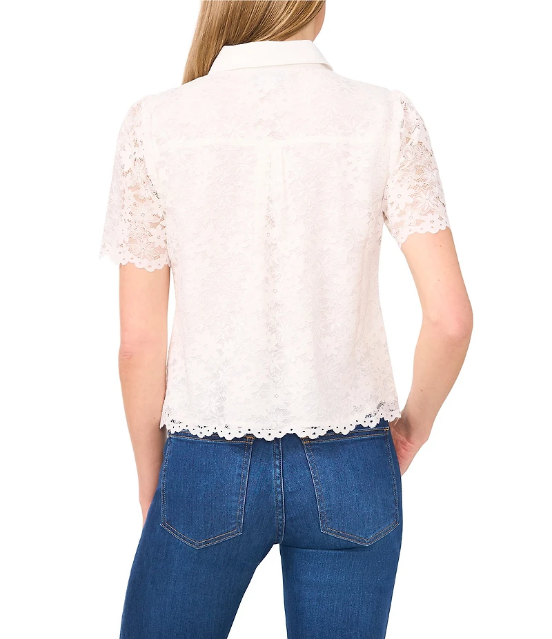 CeCe Lace Point Collar Short Sleeve Button Front Shirt