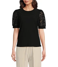 CeCe Lace Puff Short Sleeve Crew Neck Blouse