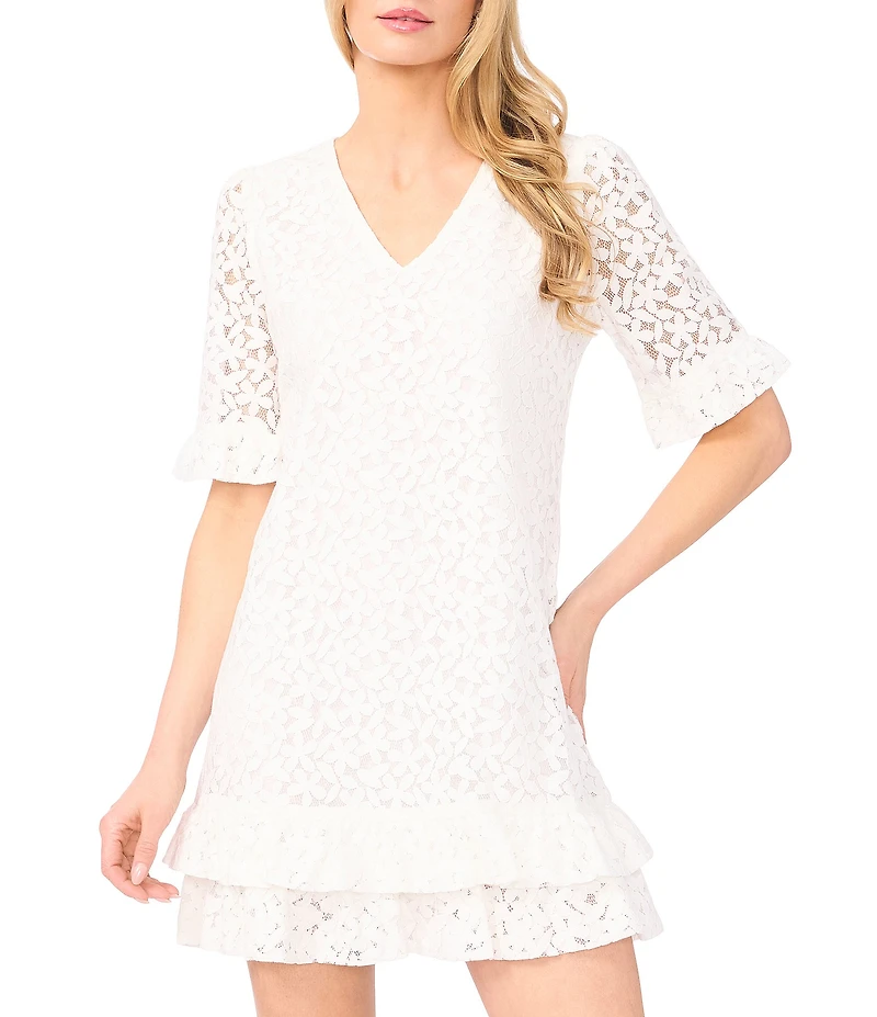 CeCe Lace V-Neck Short Sleeve Shift Dress