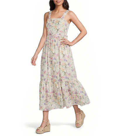 CeCe Linen Blend Floral Print Square Neck Sleeveless A-Line Midi Dress