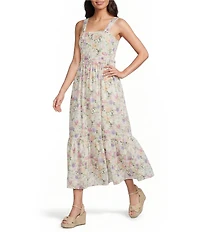 CeCe Linen Blend Floral Print Square Neck Sleeveless A-Line Midi Dress