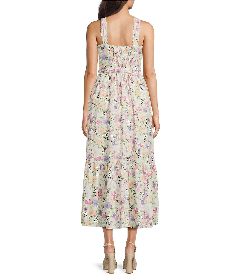 CeCe Linen Blend Floral Print Square Neck Sleeveless A-Line Midi Dress