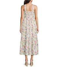 CeCe Linen Blend Floral Print Square Neck Sleeveless A-Line Midi Dress