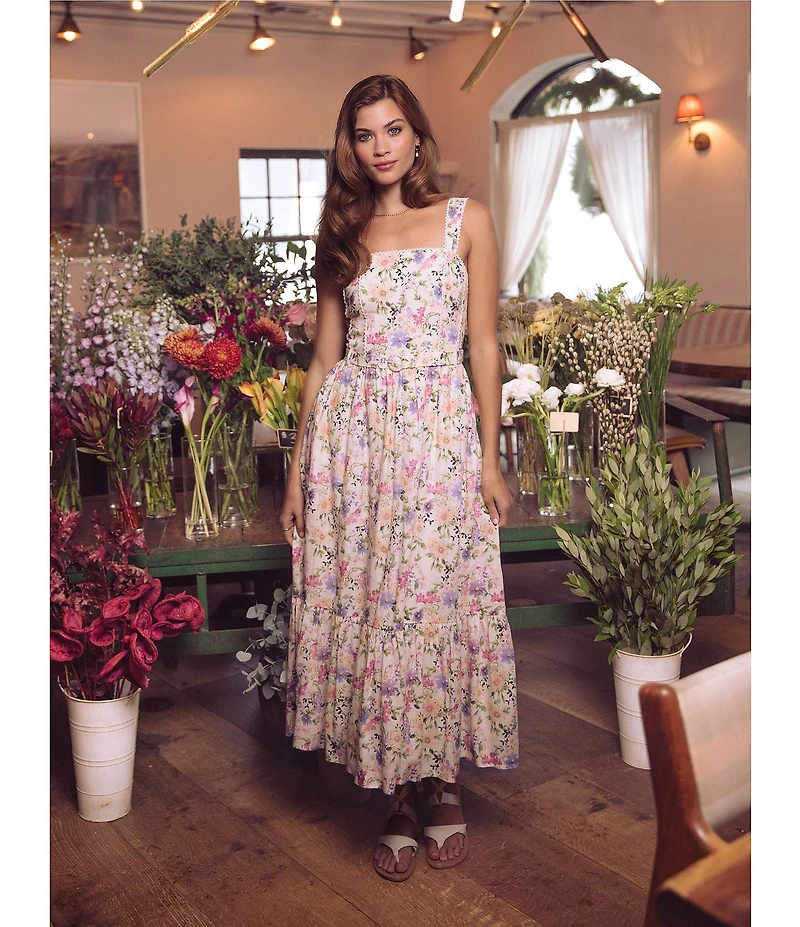 CeCe Linen Blend Floral Print Square Neck Sleeveless A-Line Midi Dress