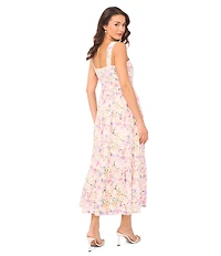 CeCe Linen Blend Floral Print Square Neck Sleeveless A-Line Midi Dress
