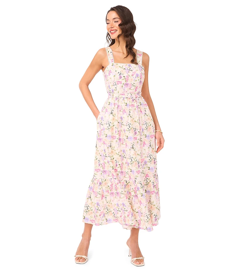 CeCe Linen Blend Floral Print Square Neck Sleeveless A-Line Midi Dress