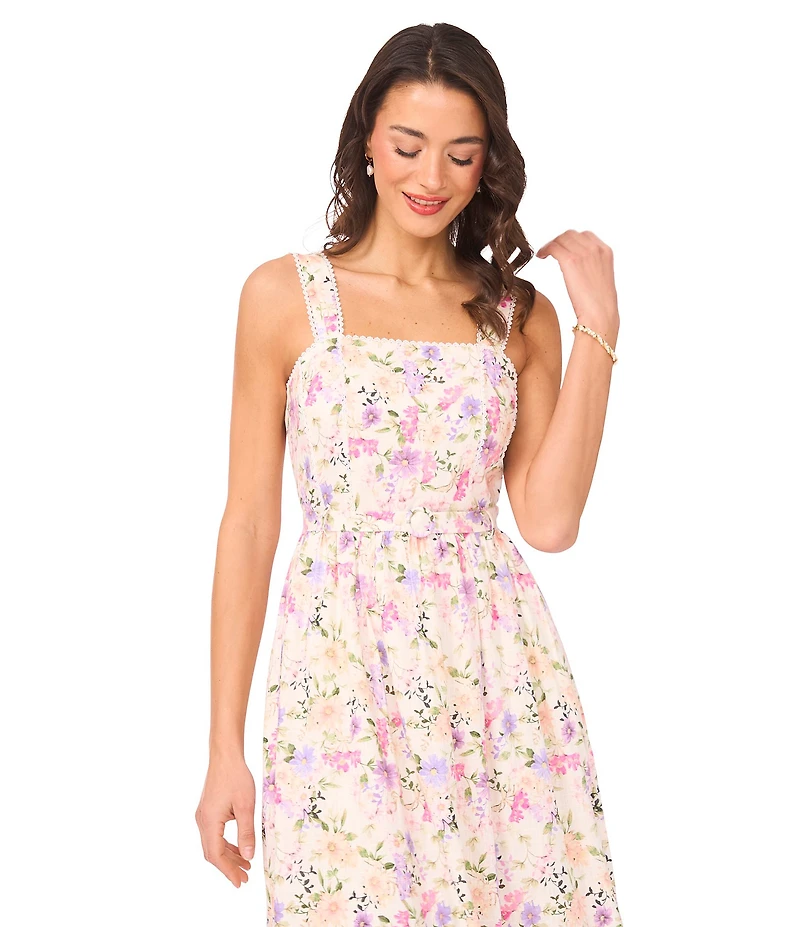 CeCe Linen Blend Floral Print Square Neck Sleeveless A-Line Midi Dress