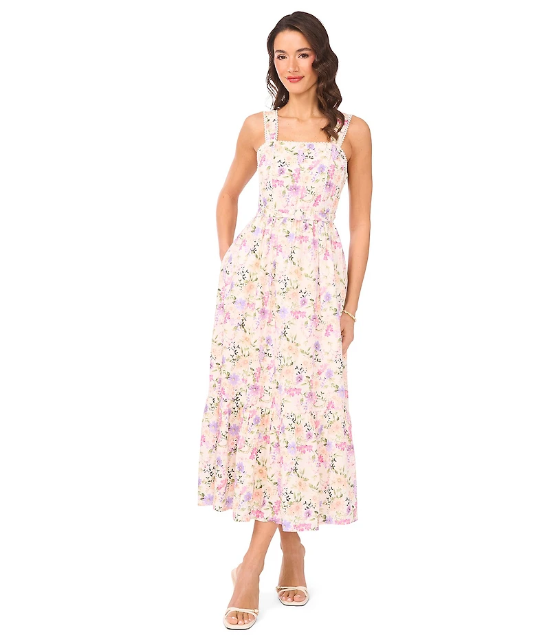 CeCe Linen Blend Floral Print Square Neck Sleeveless A-Line Midi Dress