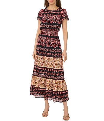 CeCe Paisley Crew Neck Short Sleeve Maxi Dress