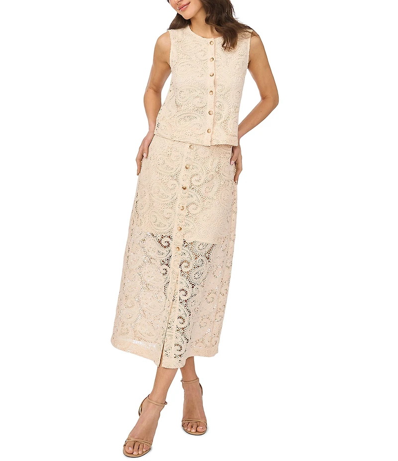 CeCe Paisley Lace Button Front Coordinating Midi Skirt