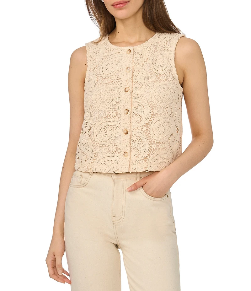 CeCe Paisley Lace Crew Neck Sleeveless Scallop Coordinating Vest