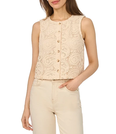 CeCe Paisley Lace Crew Neck Sleeveless Scallop Coordinating Vest