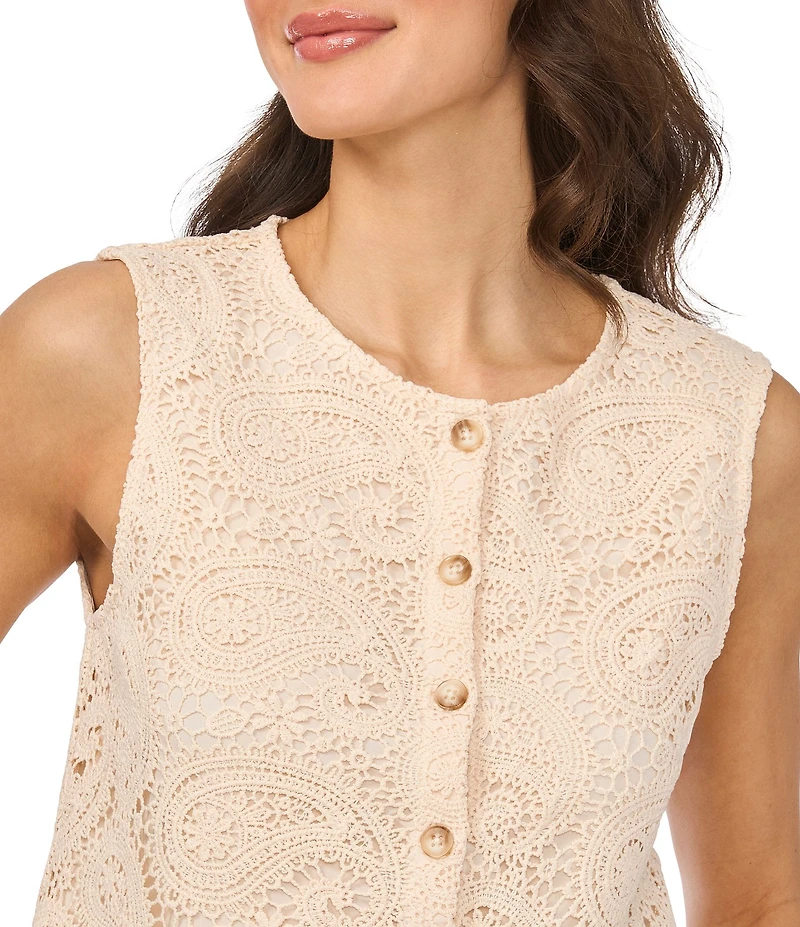 CeCe Paisley Lace Crew Neck Sleeveless Scallop Coordinating Vest