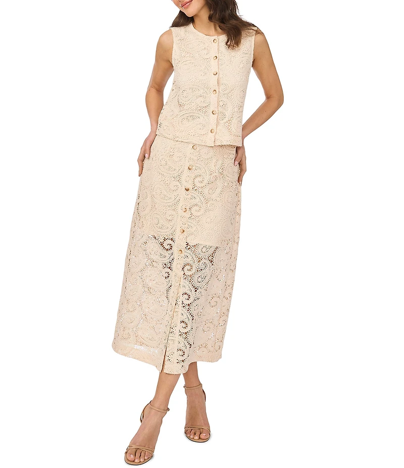CeCe Paisley Lace Crew Neck Sleeveless Scallop Coordinating Vest
