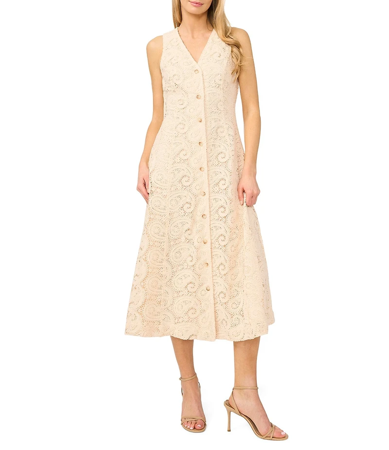 CeCe Paisley Lace V-Neck Sleeveless Button-Down Midi Dress