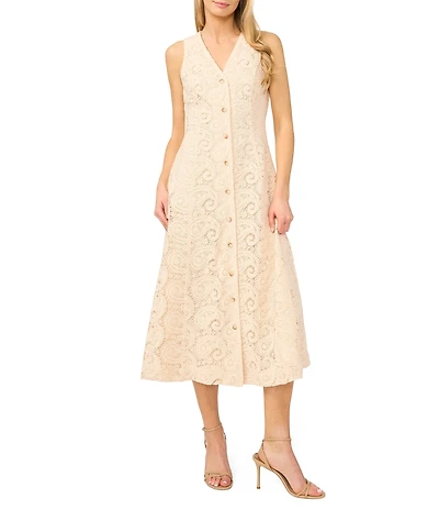 CeCe Paisley Lace V-Neck Sleeveless Button-Down Midi Dress