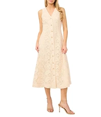 CeCe Paisley Lace V-Neck Sleeveless Button-Down Midi Dress
