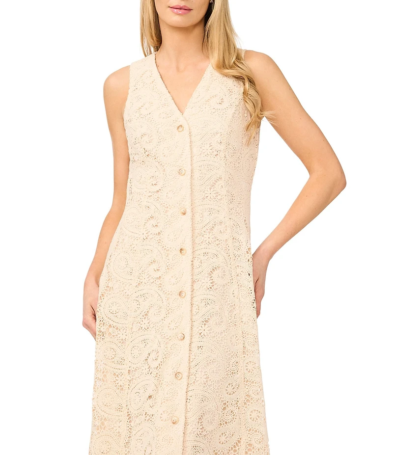 CeCe Paisley Lace V-Neck Sleeveless Button-Down Midi Dress
