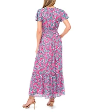 CeCe Paisley Print Round Neckline Short Ruffle Sleeve Maxi A-Line Dress