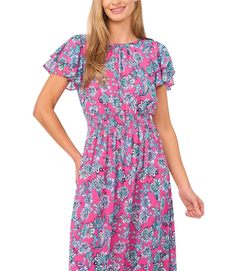 CeCe Paisley Print Round Neckline Short Ruffle Sleeve Maxi A-Line Dress
