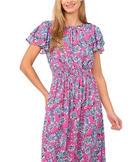 CeCe Paisley Print Round Neckline Short Ruffle Sleeve Maxi A-Line Dress