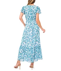 CeCe Paisley Print Round Neckline Short Ruffle Sleeve Maxi A-Line Dress