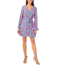 CeCe Paisley Print V-Neck Long Flounce Sleeve Mini A-Line Dress