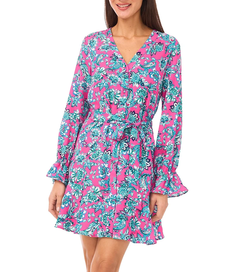 CeCe Paisley Print V-Neck Long Flounce Sleeve Mini A-Line Dress
