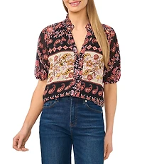 CeCe Paisley Print V-Neck Short Sleeve Blouse