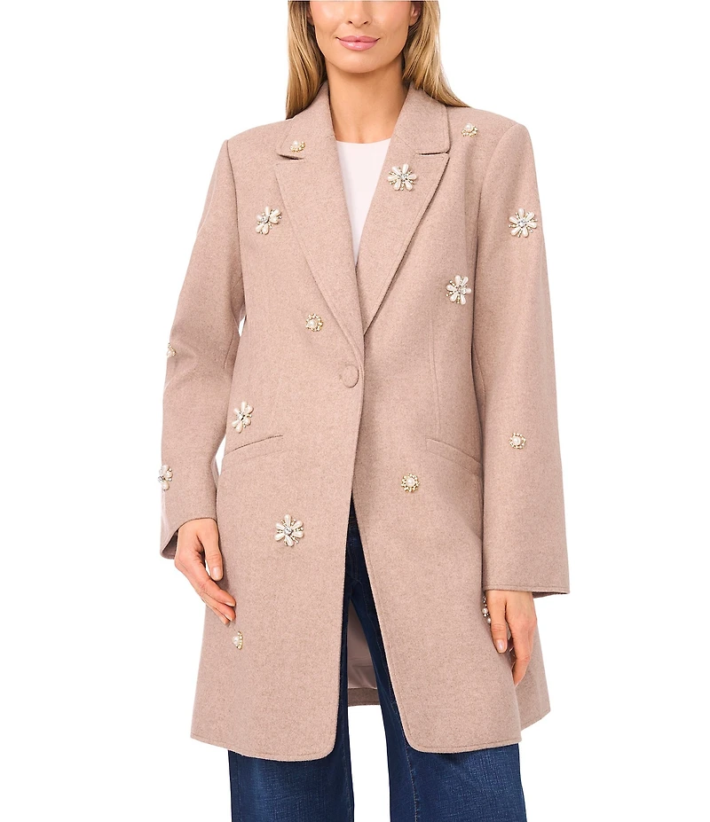 CeCe Peak Lapel Long Sleeve Embellished Single Breasted Coat
