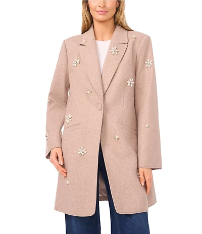 CeCe Peak Lapel Long Sleeve Embellished Single Breasted Coat