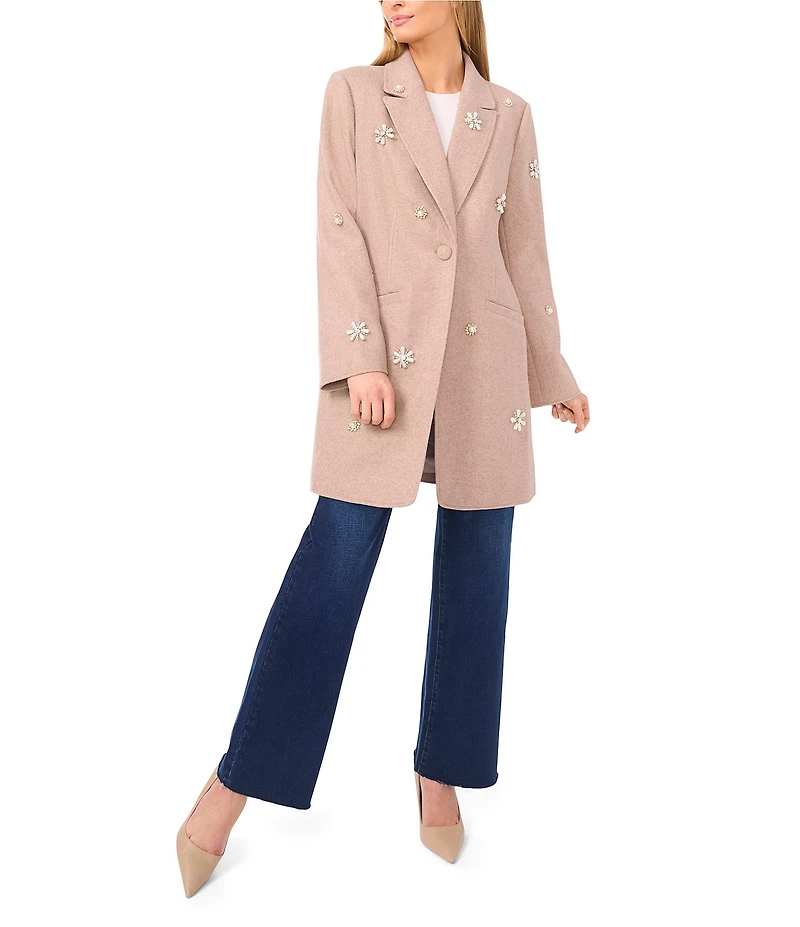 CeCe Peak Lapel Long Sleeve Embellished Single Breasted Coat