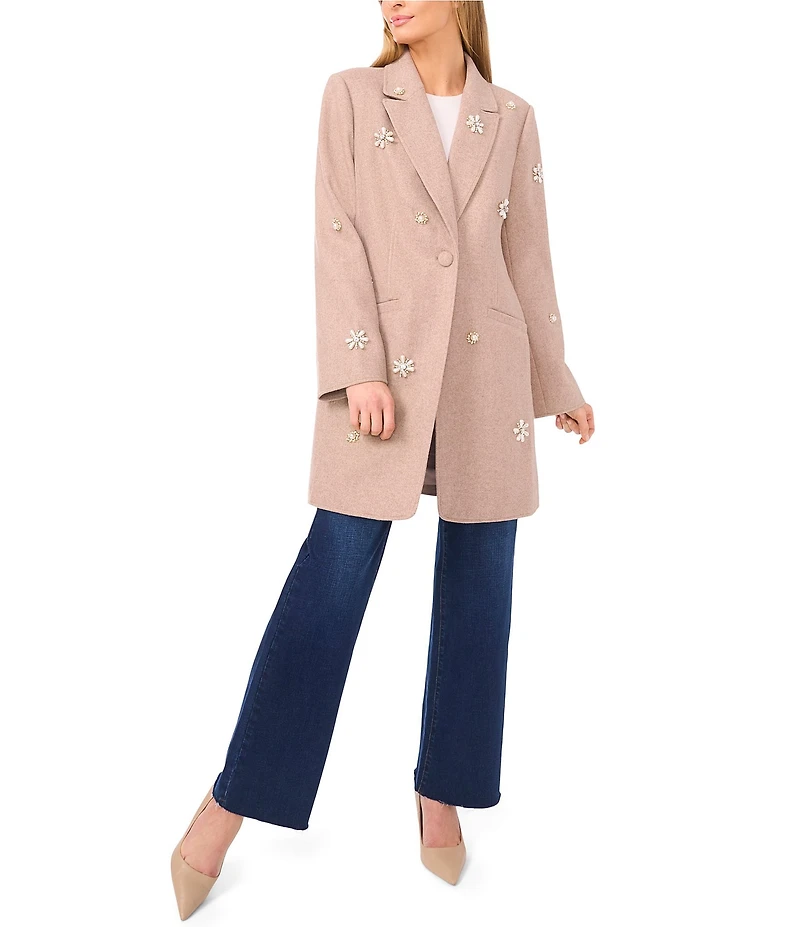 CeCe Peak Lapel Long Sleeve Embellished Single Breasted Coat