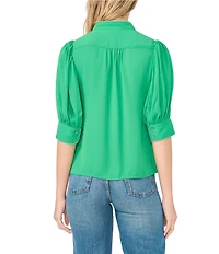 CeCe Pearce Collar Elbow Sleeve Contrast Stitch Button Front Blouse