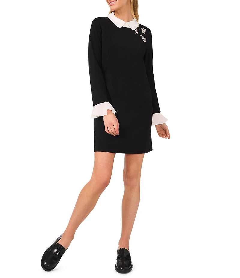 CeCe Peter Pan Collar Long Sleeve Embellished Floral A-Line Dress