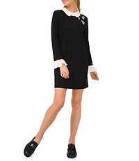 CeCe Peter Pan Collar Long Sleeve Embellished Floral A-Line Dress
