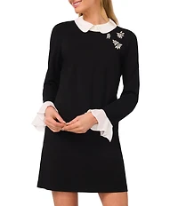 CeCe Peter Pan Collar Long Sleeve Embellished Floral A-Line Dress